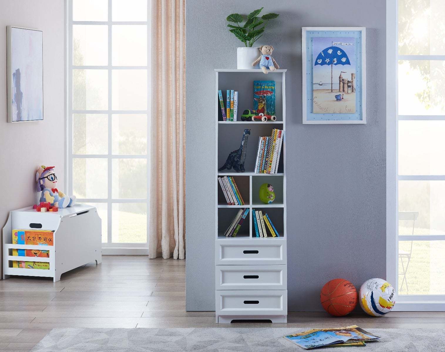 White Bookcase Book Shelf Storage Unit With Book Display Organizer Drawers Classic White Color White Mdf