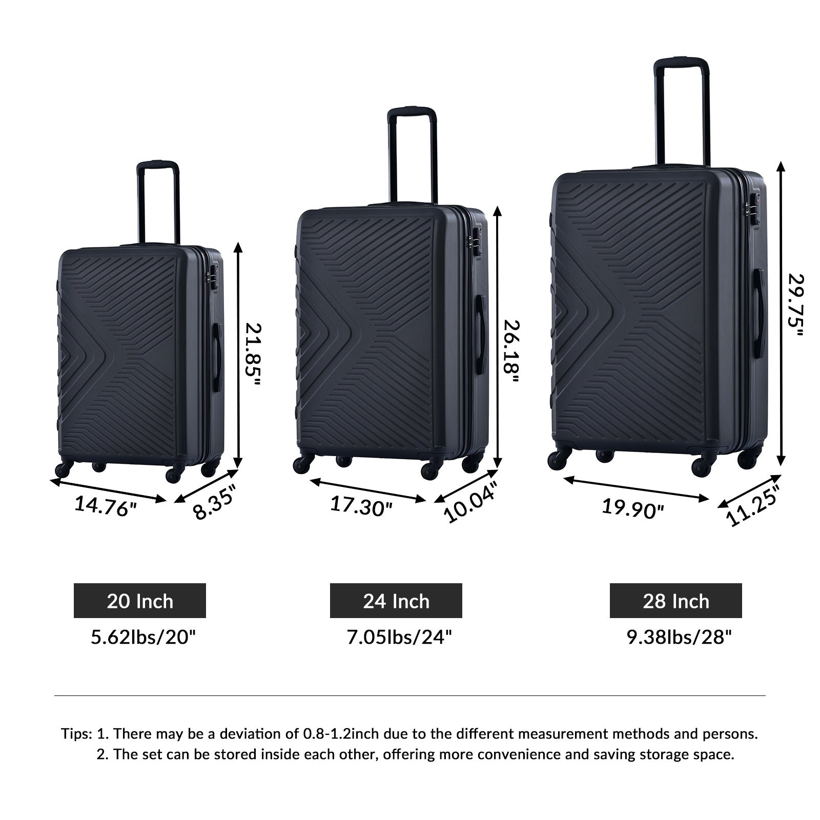 3 Piece Luggage Sets Abs Lightweight Suitcase With Two Hooks, Spinner Wheels, Tsa Lock, 20 24 28 Black Black Abs