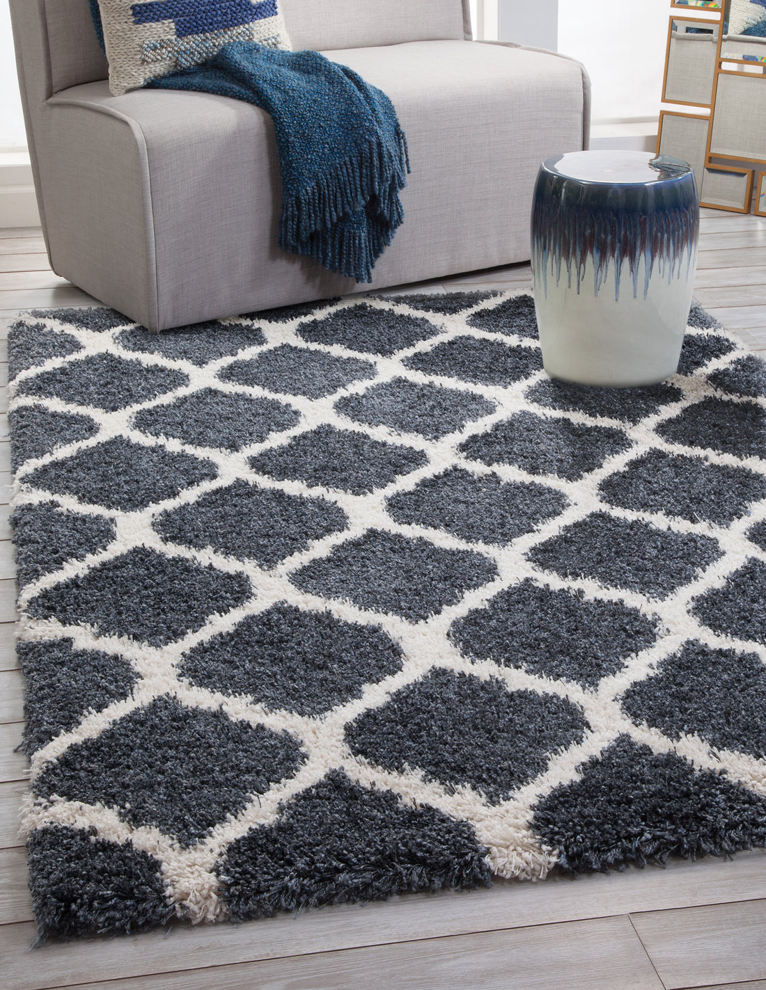 Shag Blue White Area Rug 5X8 Blue Olefin