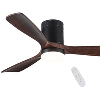 Flush Mount Ceiling Fan With Integrated Led Light In Solid Wood Blades Antique Brown Solid Wood