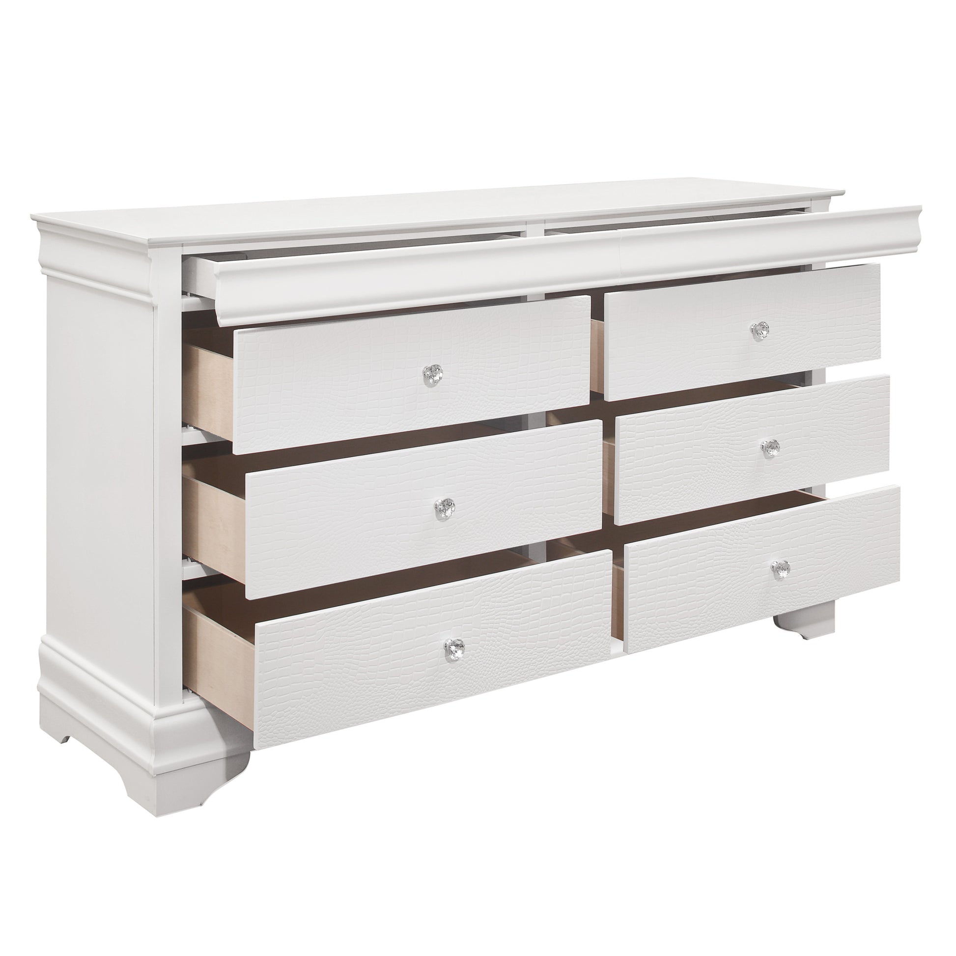 Traditional Design Bedroom Furniture 1Pc Dresser Of 6X Drawers Faux Alligator Embossed Fronts White Finish Wooden Furniture White 5 Drawers & Above Bedroom Traditional White Wood
