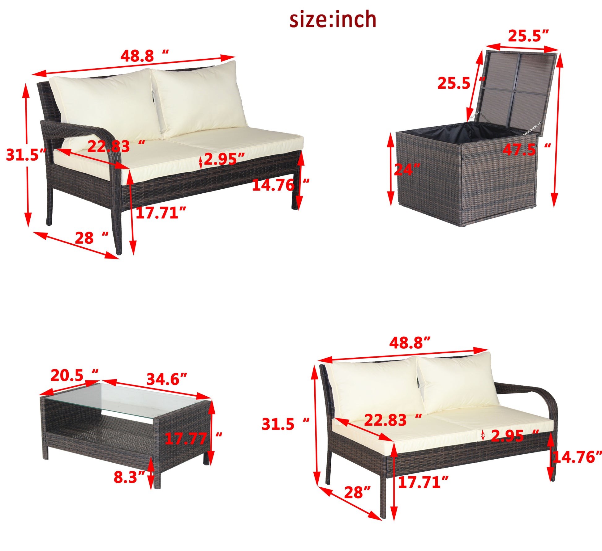 4 Piece Patio Sectional Wicker Rattan Outdoor Furniture Sofa Set With Storage Box Brown Brown Iron