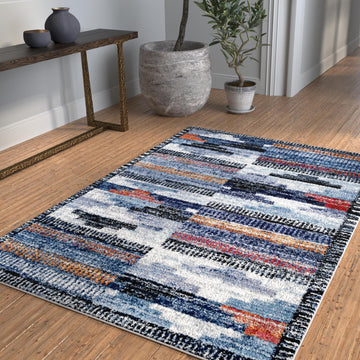 Larkin Black And White Polyester Area Rug 5X8 Blue Polyester