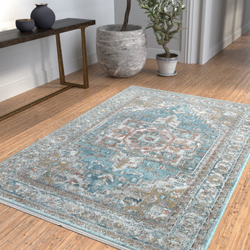 Laa Highland Blue Natural Coral Ivory Area Rug 4X6 Blue Polypropylene