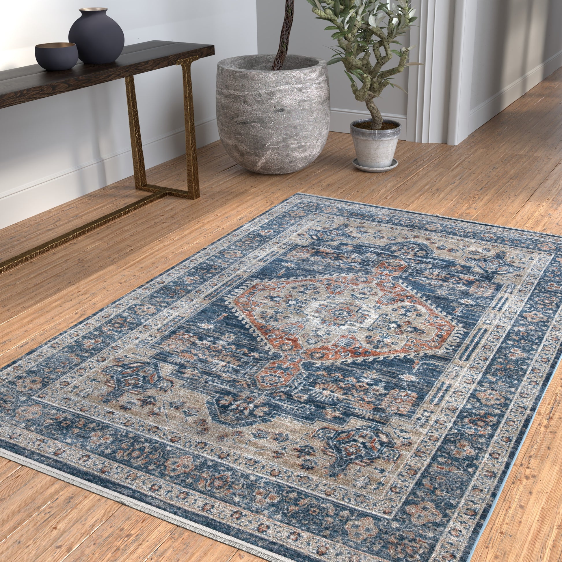 Wasilla Blue Pink Rust Area Rug 4X6 Blue Polyester