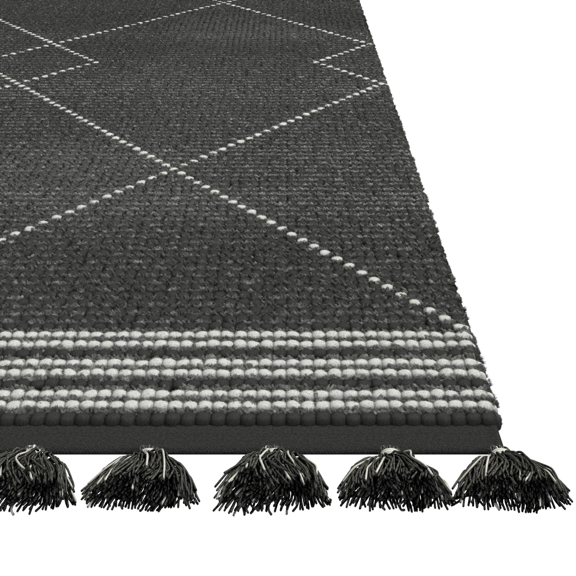 Vail Stona Charcoal And Ivory Wool And Cotton Area Rug With Tassels 5X8 Charcoal Grey Wool