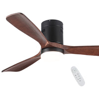 Flush Mount Ceiling Fan With Integrated Led Light In Solid Wood Blades Antique Brown Solid Wood