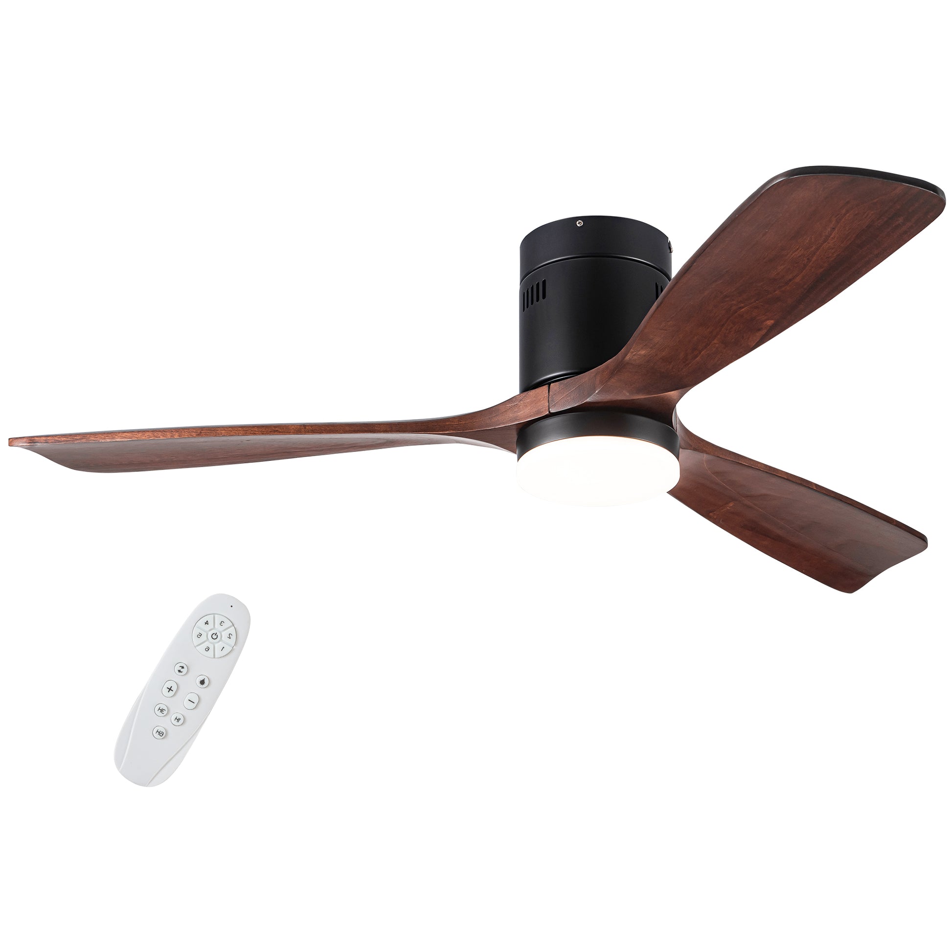 Flush Mount Ceiling Fan With Integrated Led Light In Solid Wood Blades Antique Brown Solid Wood