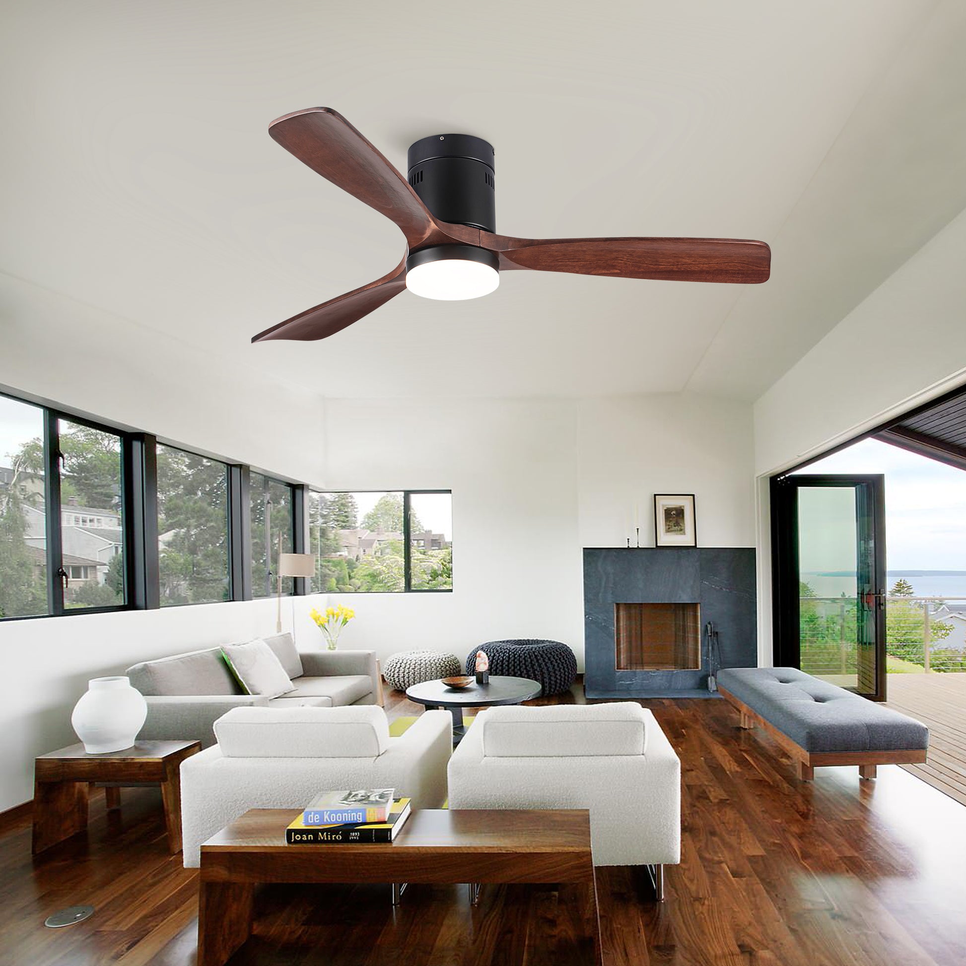 Flush Mount Ceiling Fan With Integrated Led Light In Solid Wood Blades Antique Brown Solid Wood