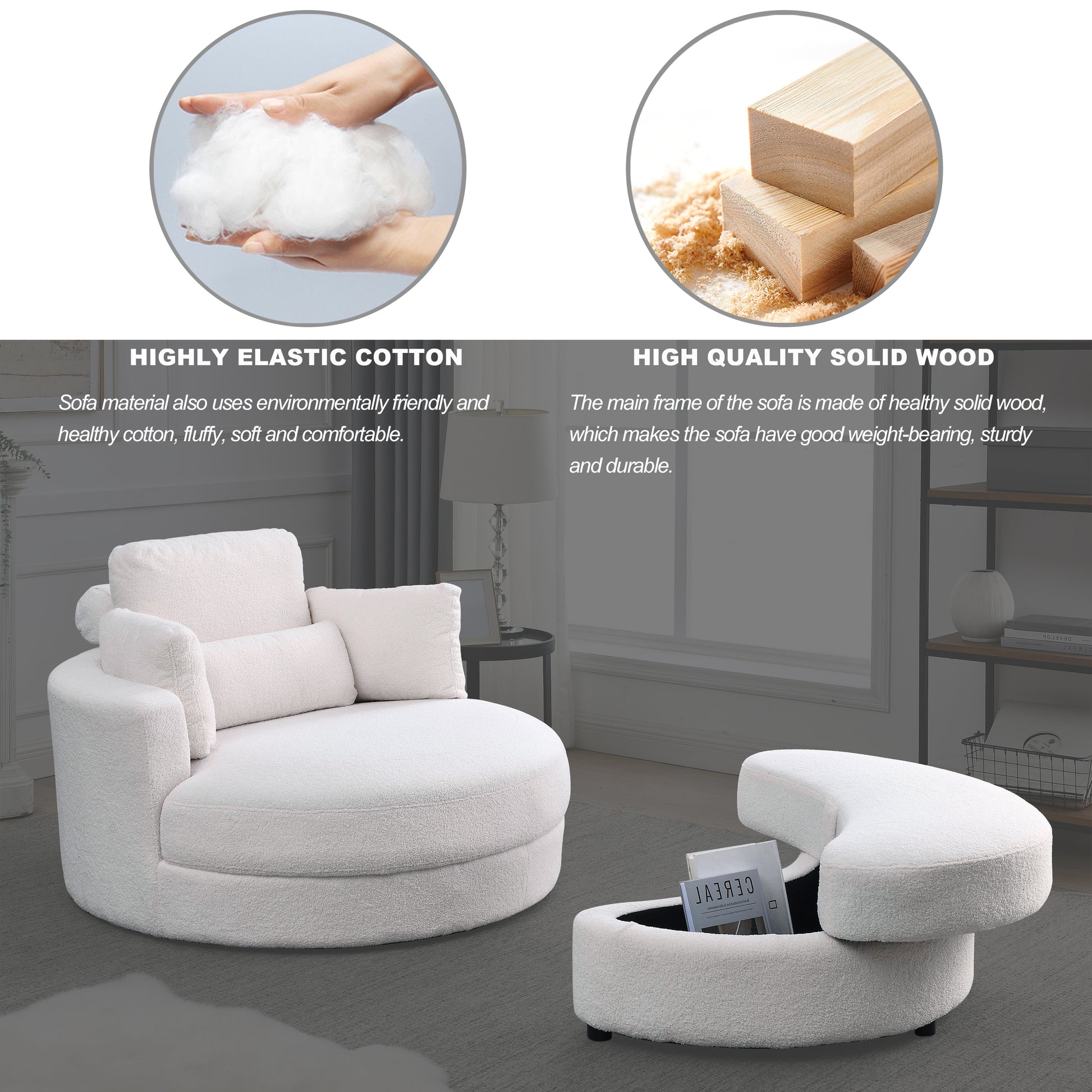 Video Welike Swivel Accent Barrel Modern Sofa Lounge Club Big Round Chair With Storage Ottoman Linen Fabric For Living Room Hotel With Pillows,Teddy White Ivory Ivory Foam Fabric 1 Seat