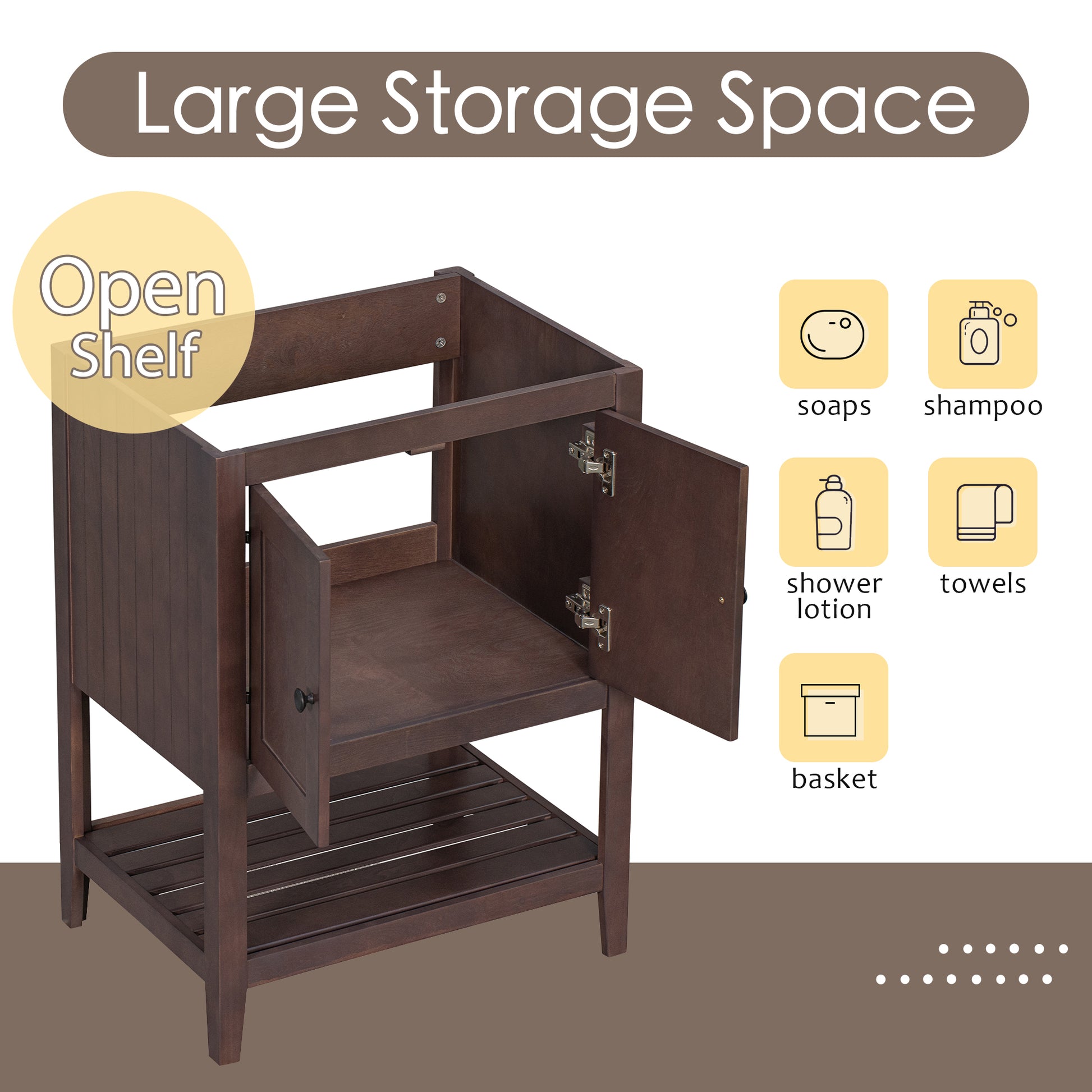 24" Bathroom Vanity Base Only, Soild Wood Frame, Bathroom Storage Cabinet With Doors And Open Shelf, Brown Brown Solid Wood Mdf