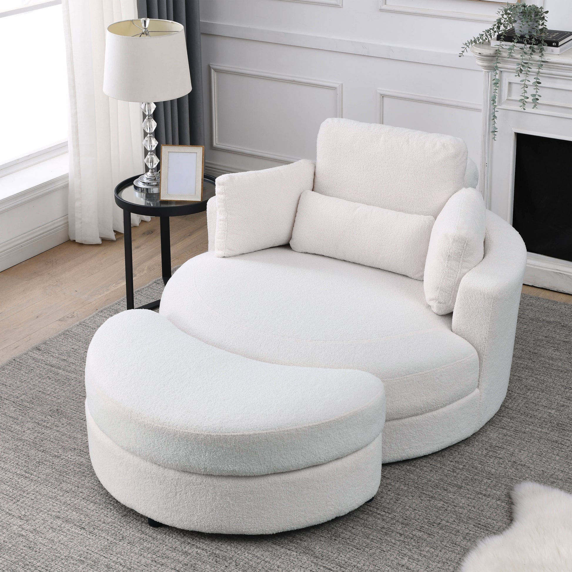 Video Welike Swivel Accent Barrel Modern Sofa Lounge Club Big Round Chair With Storage Ottoman Linen Fabric For Living Room Hotel With Pillows,Teddy White Ivory Ivory Foam Fabric 1 Seat