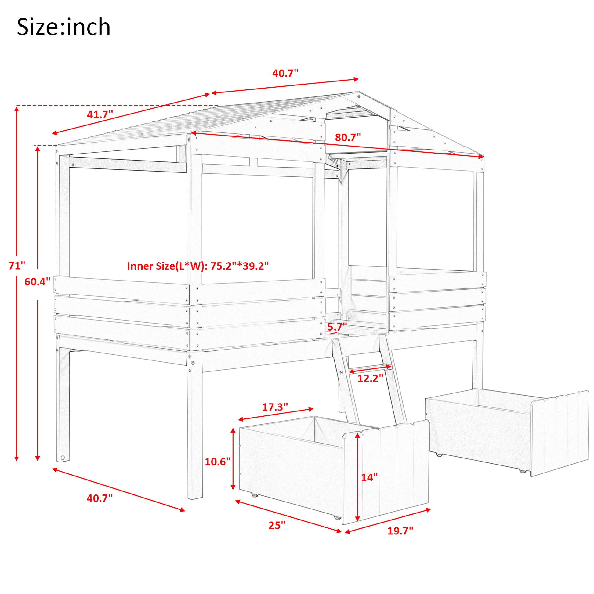 Twin Size Low Loft Wood House Bed With Two Drawers, Gray Gray Solid Wood