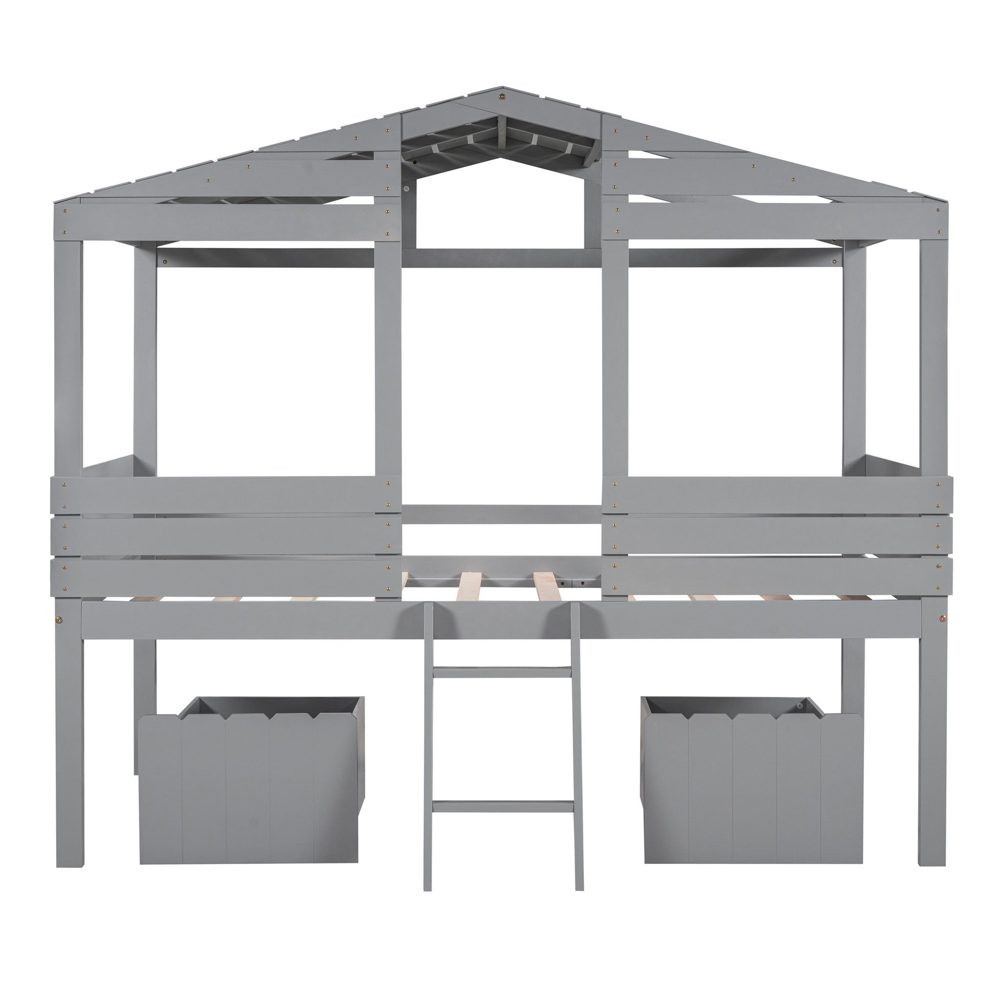 Twin Size Low Loft Wood House Bed With Two Drawers, Gray Gray Solid Wood