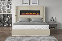 Lizelle Upholstery Wooden King Bed With Ambient Lighting In Beige Velvet Box Spring Not Required King Beige Wood Bedroom Modern Solid Wood Mdf Velvet Wood