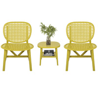 3 Pieces Hollow Design Patio Table Chair Set All Weather Conversation Bistro Set Outdoor Coffee Table With Open Shelf And Lounge Chairs With Widened Seat For Balcony Garden Yard Yellow Yellow Polypropylene