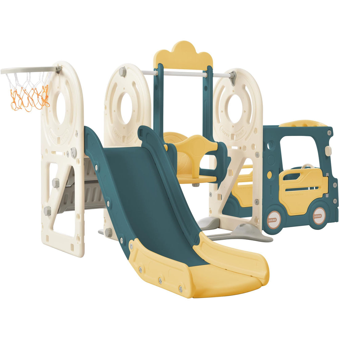 Kids Swing N Slide With Bus Play Structure, Freestanding Bus Toy With Slide&Swing For Toddlers, Bus Slide Set With Basketball Hoop Yellow Hdpe