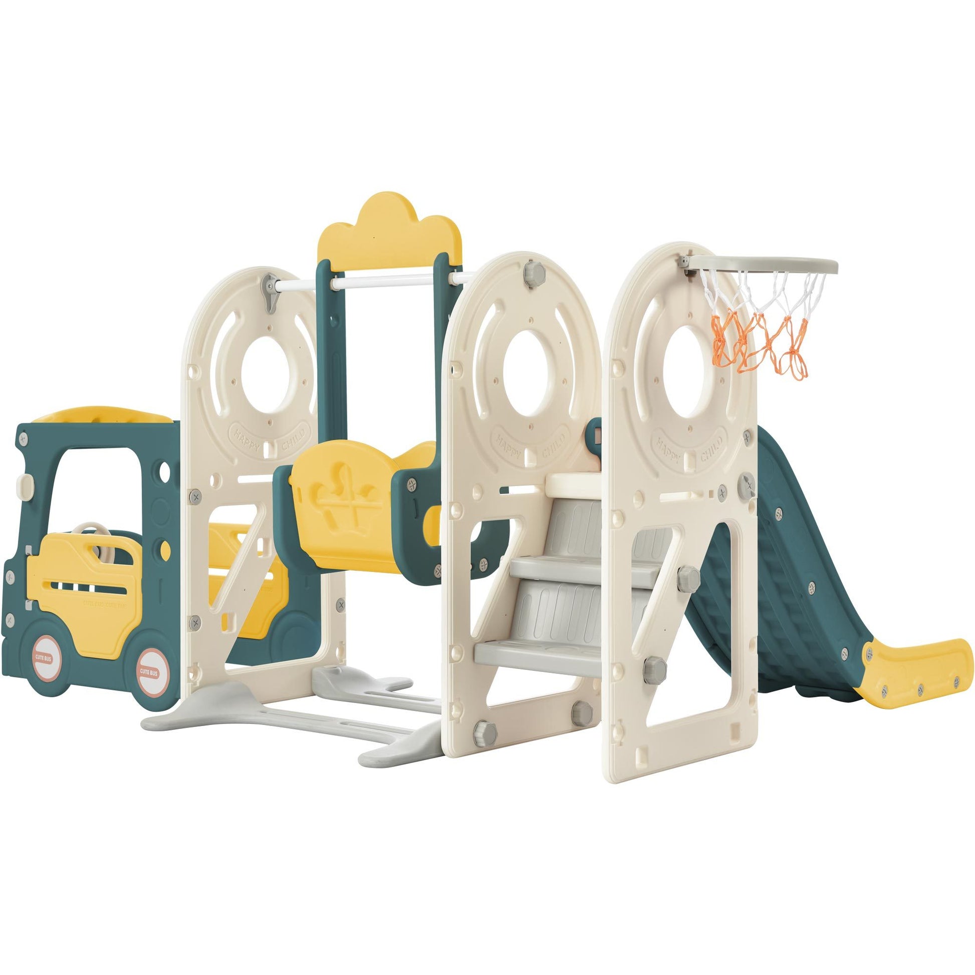 Kids Swing N Slide With Bus Play Structure, Freestanding Bus Toy With Slide&Swing For Toddlers, Bus Slide Set With Basketball Hoop Yellow Hdpe