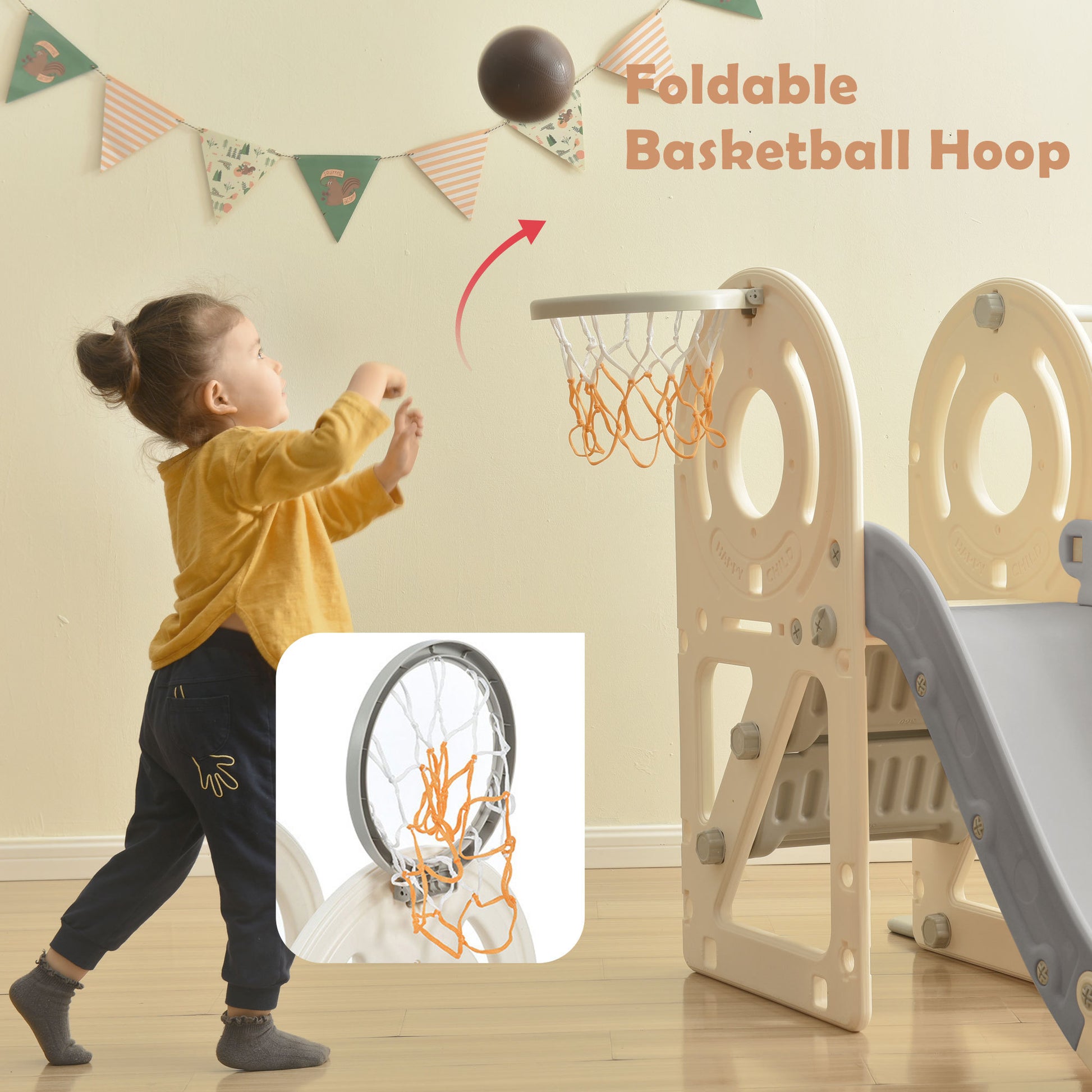 Kids Swing N Slide With Bus Play Structure, Freestanding Bus Toy With Slide&Swing For Toddlers, Bus Slide Set With Basketball Hoop Gray Hdpe