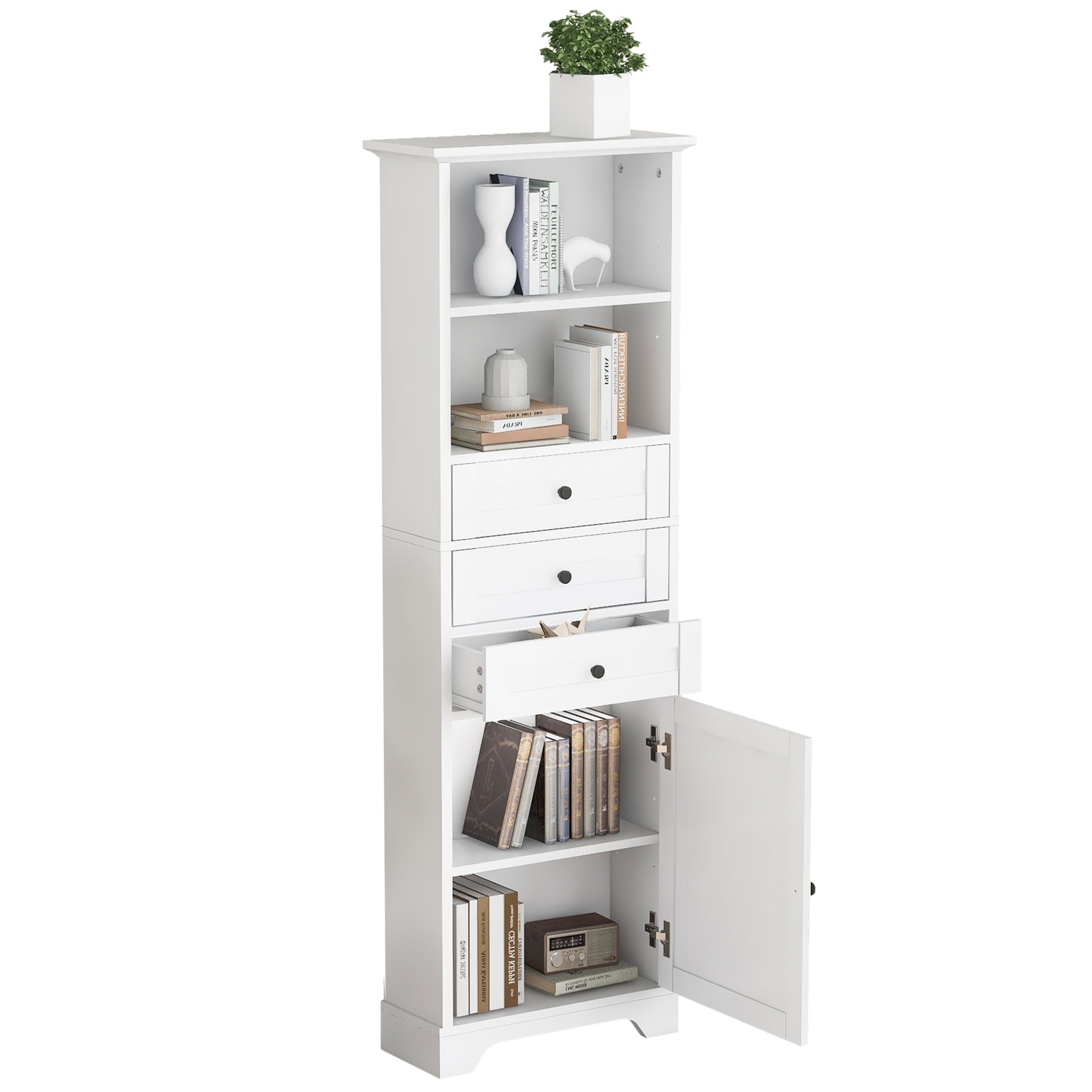 White Tall Storage Cabinet With 3 Drawers And Adjustable Shelves For Bathroom, Kitchen And Living Room, Mdf Board With Painted Finish White Mdf