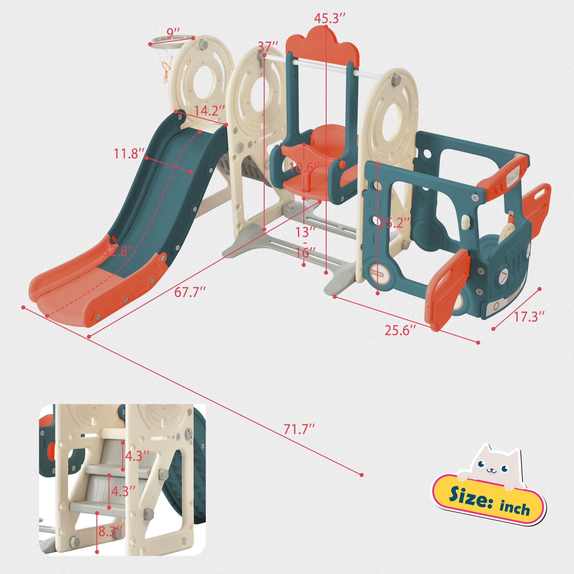 Kids Swing N Slide With Bus Play Structure, Freestanding Bus Toy With Slide&Swing For Toddlers, Bus Slide Set With Basketball Hoop Red Hdpe