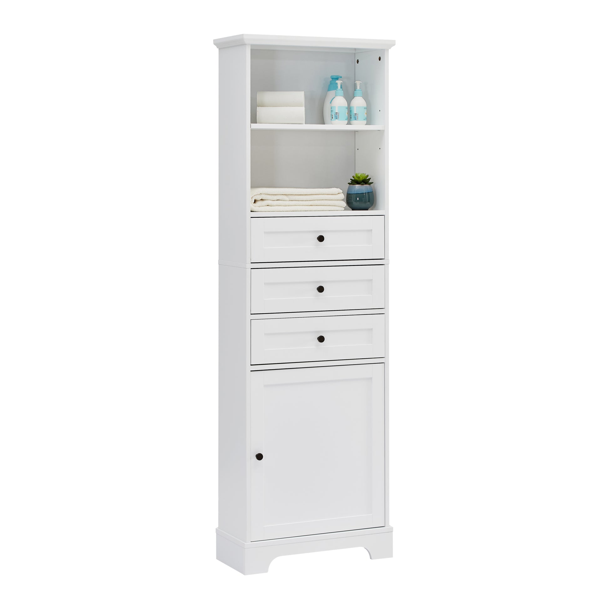 White Tall Storage Cabinet With 3 Drawers And Adjustable Shelves For Bathroom, Kitchen And Living Room, Mdf Board With Painted Finish White Mdf