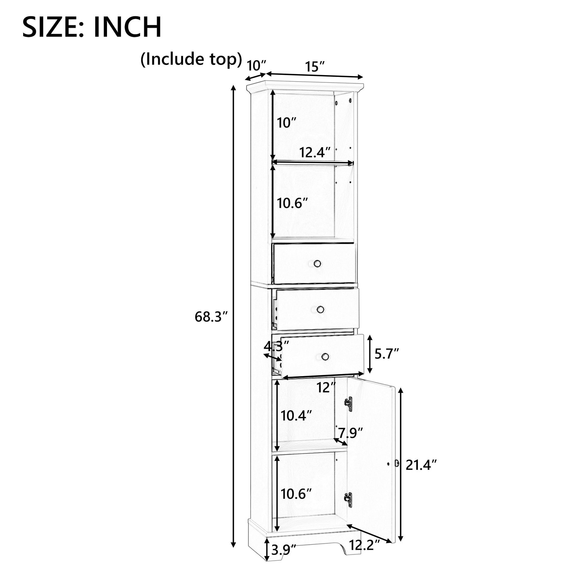 White Tall Bathroom Cabinet, Freestanding Storage Cabinet With 3 Drawers And Adjustable Shelf, Mdf Board With Painted Finish White Mdf