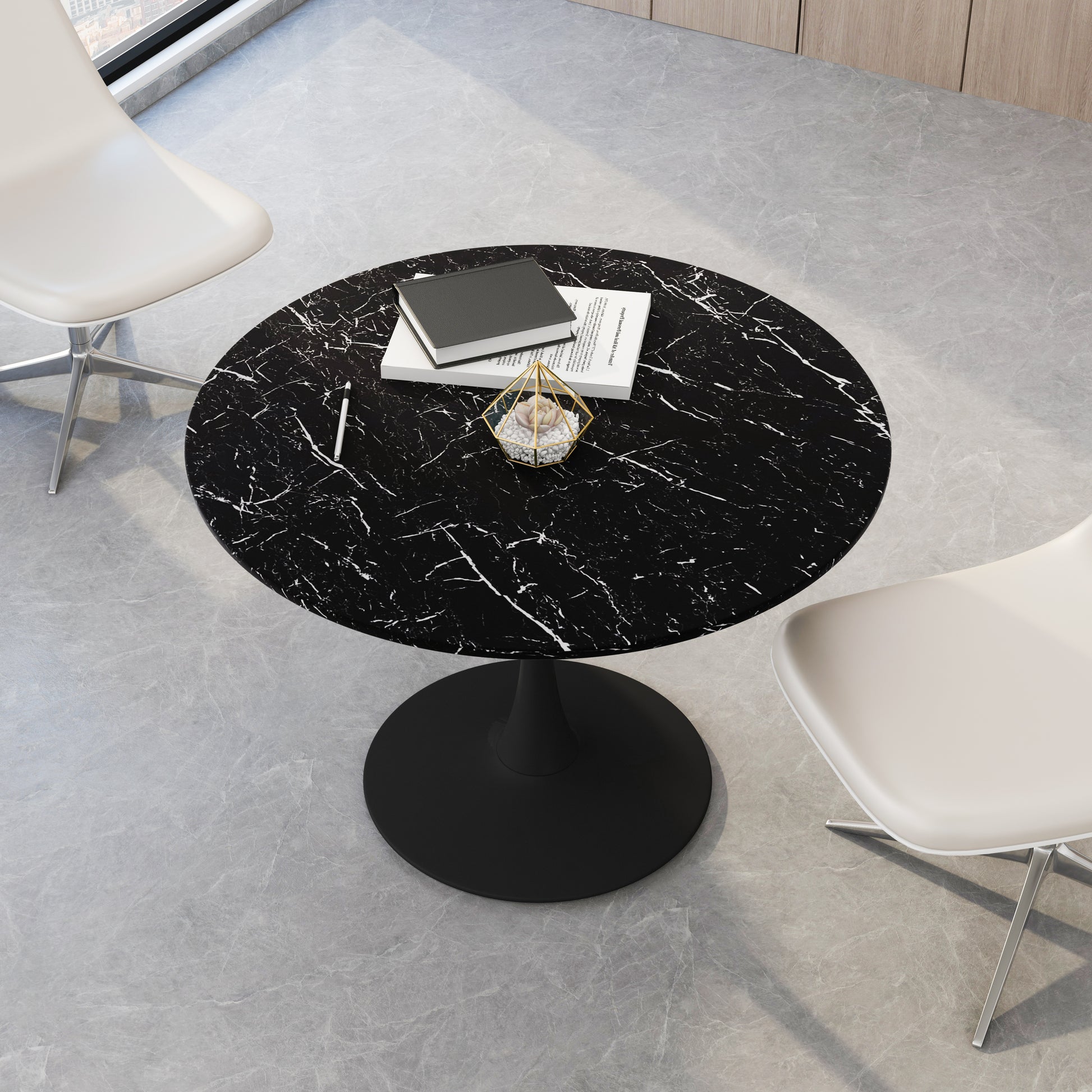 42.12"Modern Round Dining Table With Printed Black Marble Table Top,Metal Base Dining Table, End Table Leisure Coffee Table Marble Mdf