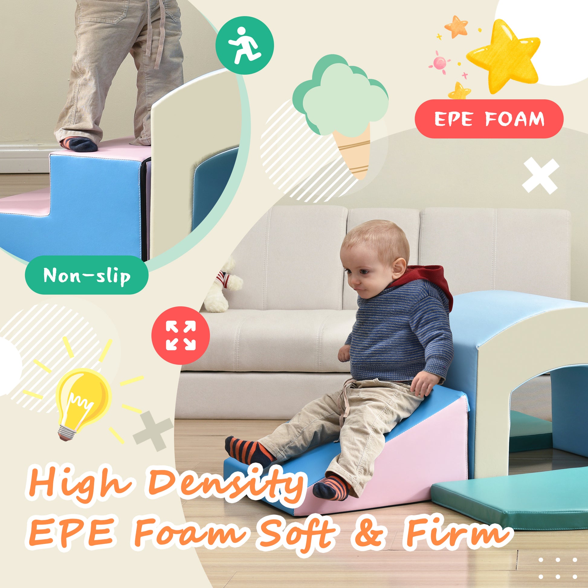 Soft Foam Playset For Toddlers, Safe Softzone Single Tunnel Foam Climber For Kids, Lightweight Indoor Active Play Structure With Slide Stairs And Ramp For Beginner Toddler Climb And Crawl Multicolor Foam