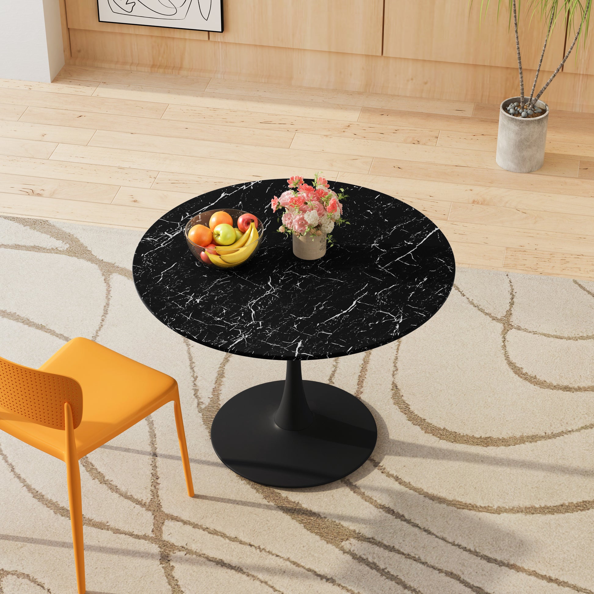 42.12"Modern Round Dining Table With Printed Black Marble Table Top,Metal Base Dining Table, End Table Leisure Coffee Table Marble Mdf