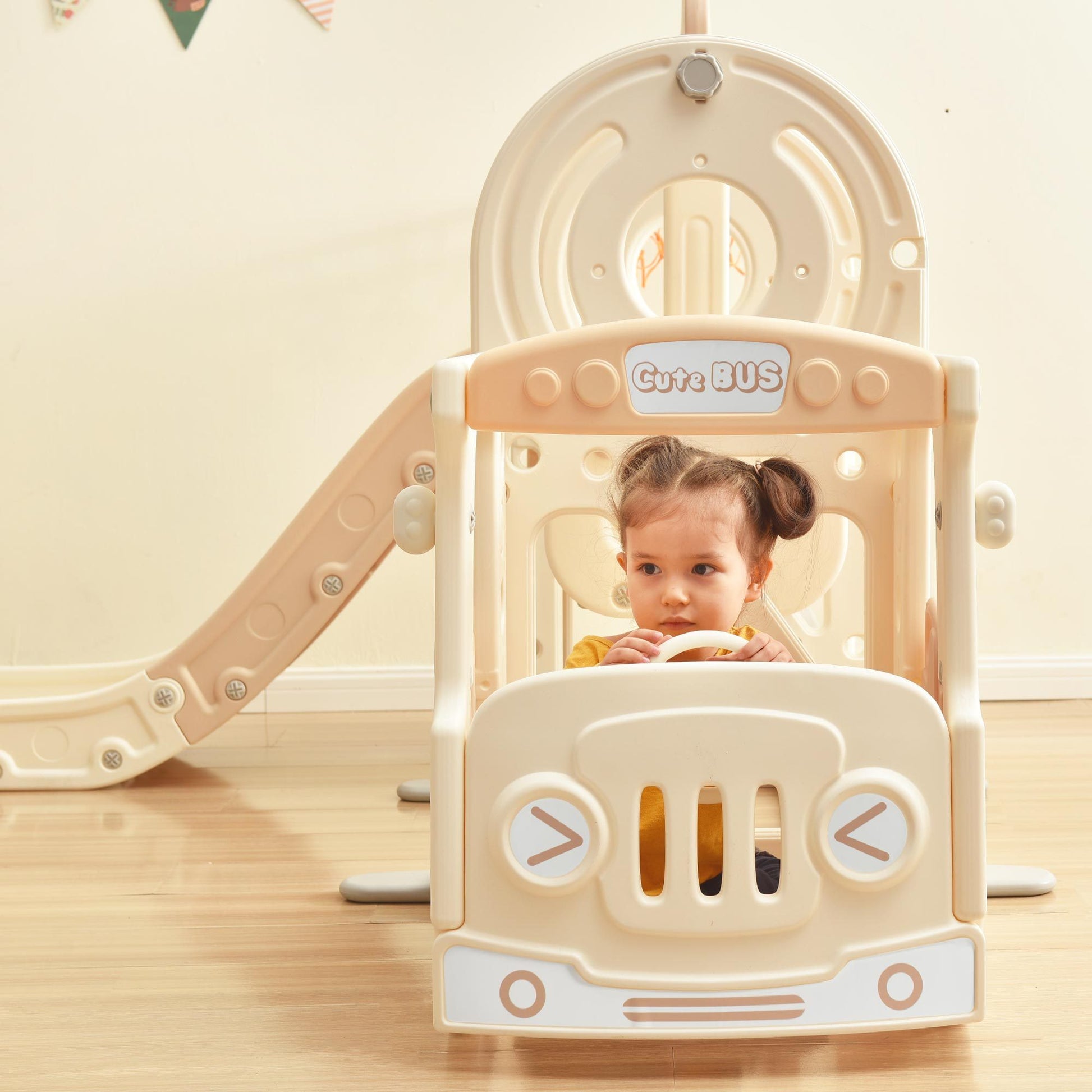 Kids Slide With Bus Play Structure, Freestanding Bus Toy With Slide For Toddlers, Bus Slide Set With Basketball Hoop Beige Hdpe