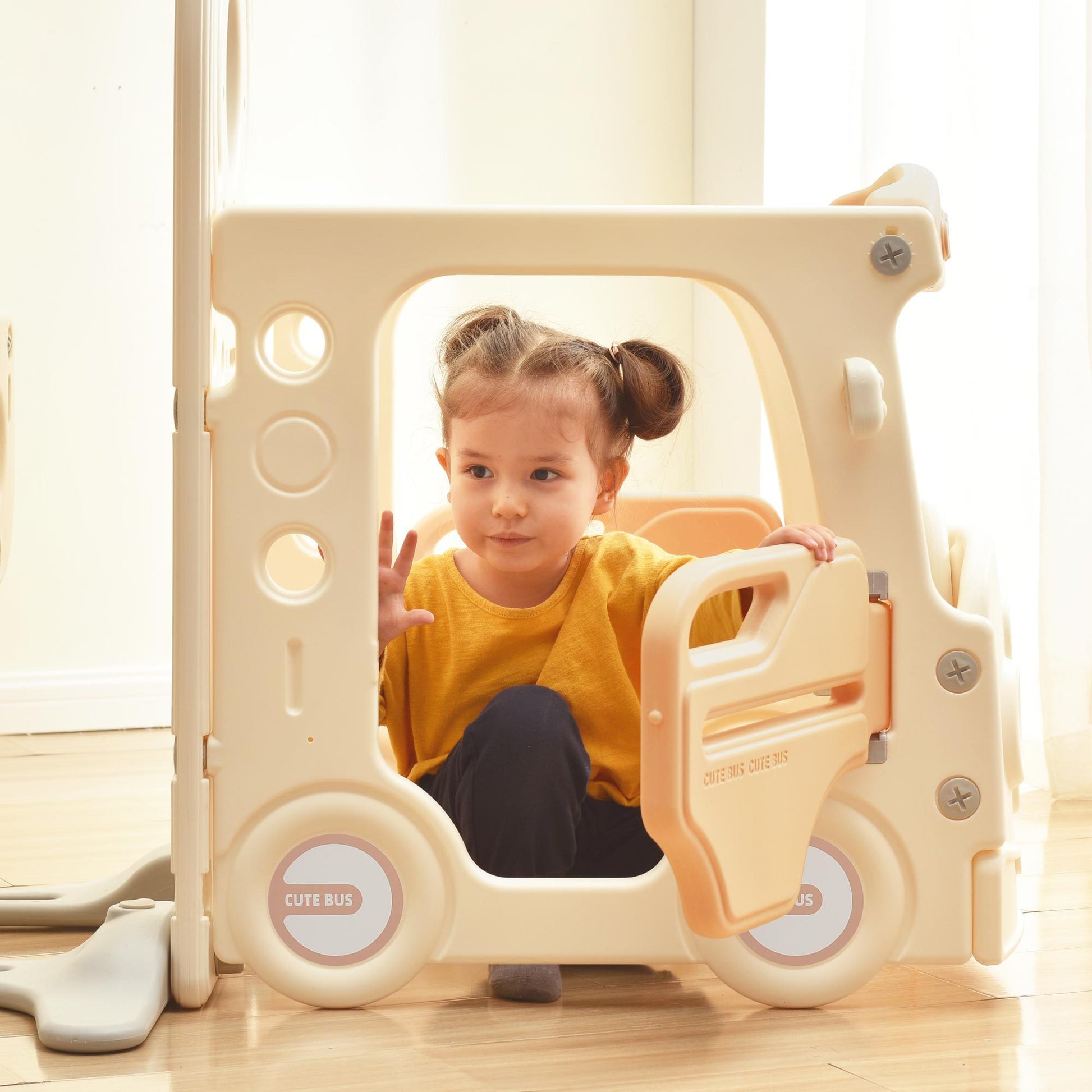 Kids Slide With Bus Play Structure, Freestanding Bus Toy With Slide For Toddlers, Bus Slide Set With Basketball Hoop Beige Hdpe
