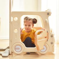 Kids Slide With Bus Play Structure, Freestanding Bus Toy With Slide For Toddlers, Bus Slide Set With Basketball Hoop Beige Hdpe