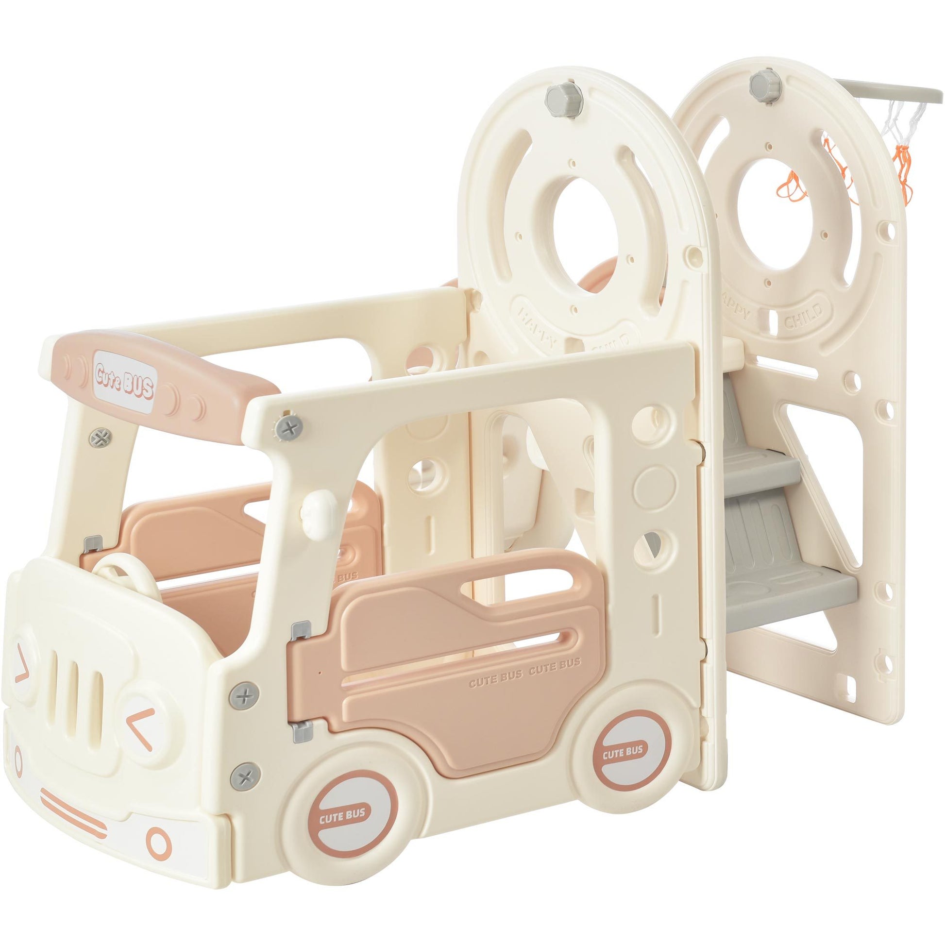 Kids Slide With Bus Play Structure, Freestanding Bus Toy With Slide For Toddlers, Bus Slide Set With Basketball Hoop Beige Hdpe