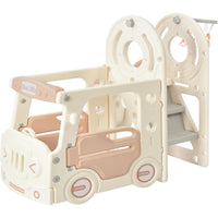 Kids Slide With Bus Play Structure, Freestanding Bus Toy With Slide For Toddlers, Bus Slide Set With Basketball Hoop Beige Hdpe