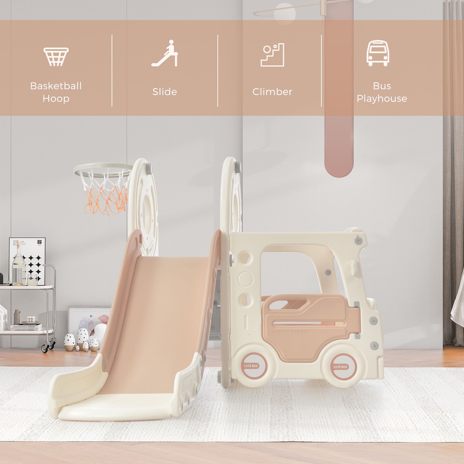 Kids Slide With Bus Play Structure, Freestanding Bus Toy With Slide For Toddlers, Bus Slide Set With Basketball Hoop Beige Hdpe