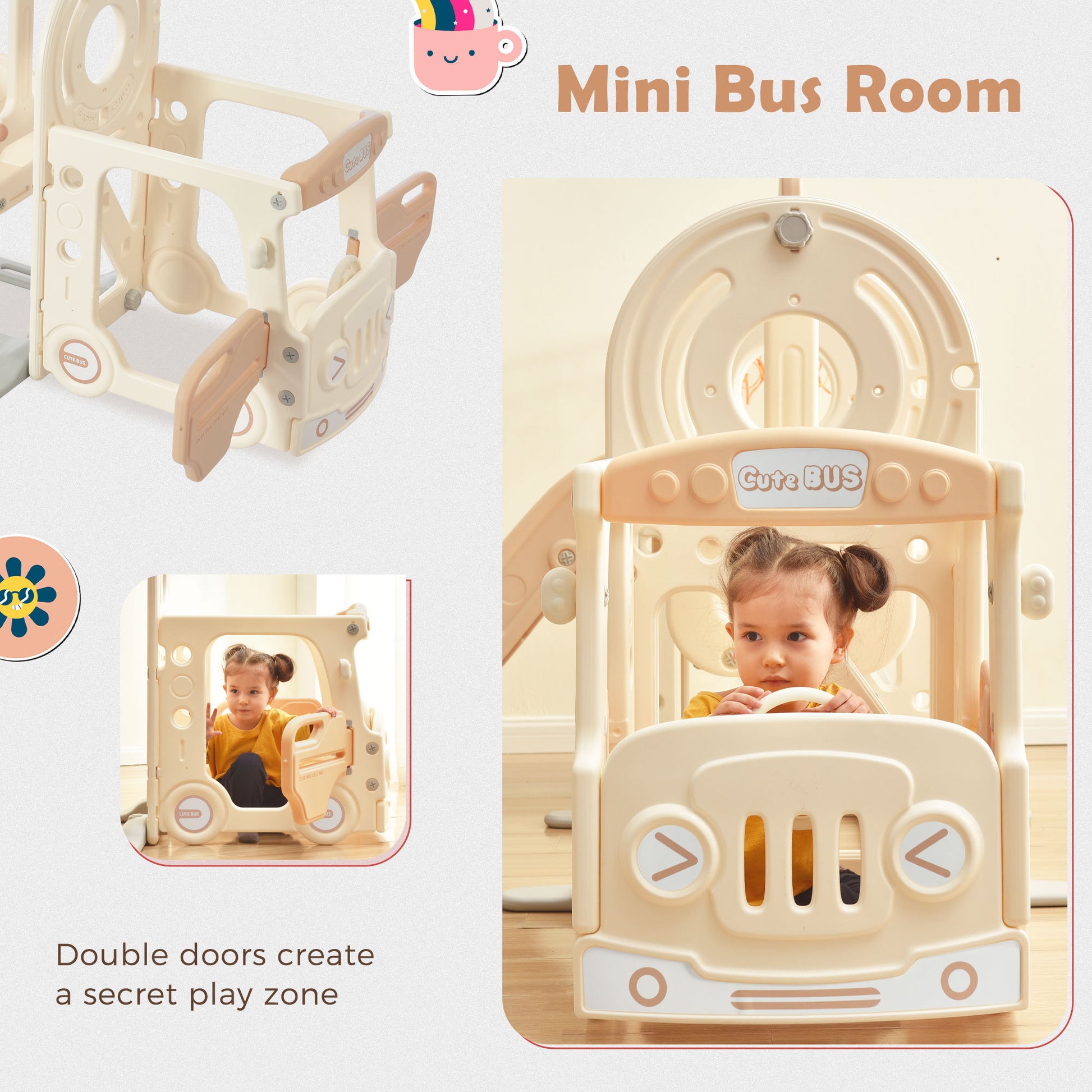 Kids Slide With Bus Play Structure, Freestanding Bus Toy With Slide For Toddlers, Bus Slide Set With Basketball Hoop Beige Hdpe