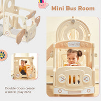 Kids Slide With Bus Play Structure, Freestanding Bus Toy With Slide For Toddlers, Bus Slide Set With Basketball Hoop Beige Hdpe