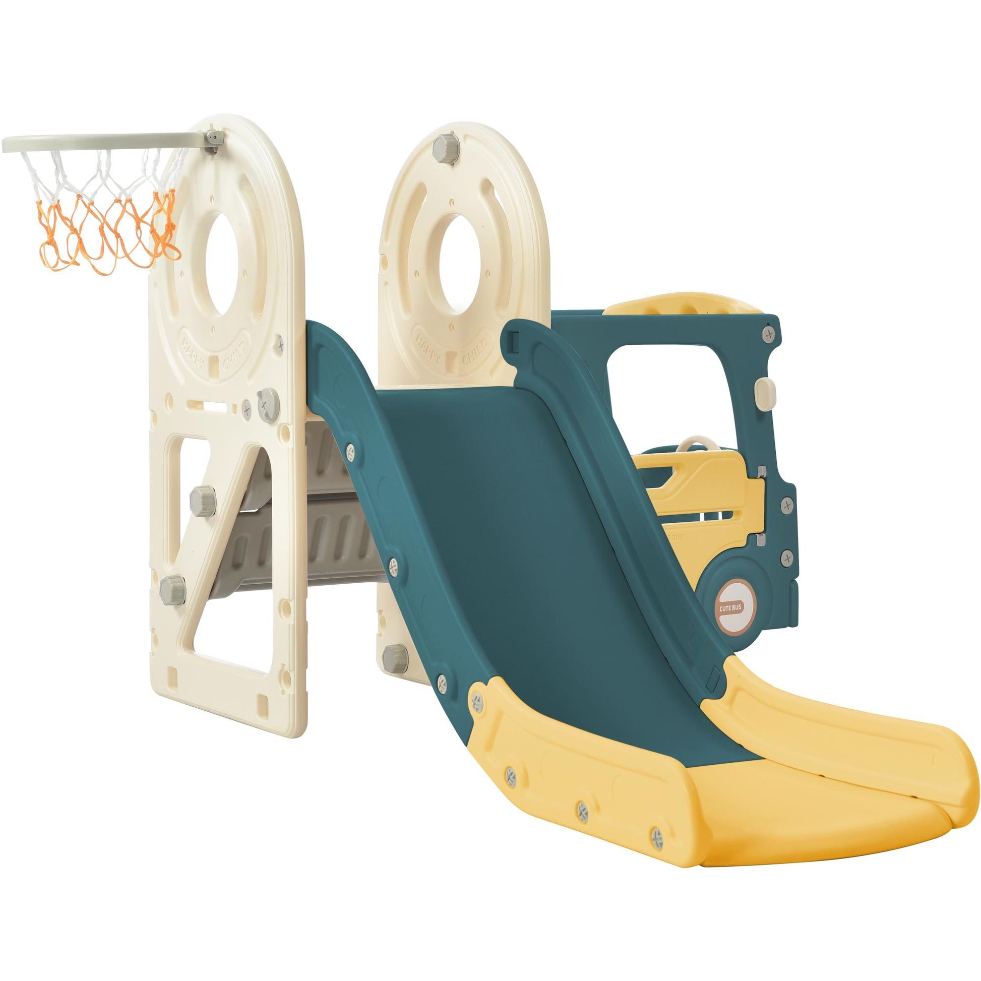 Kids Slide With Bus Play Structure, Freestanding Bus Toy With Slide For Toddlers, Bus Slide Set With Basketball Hoop Yellow Hdpe