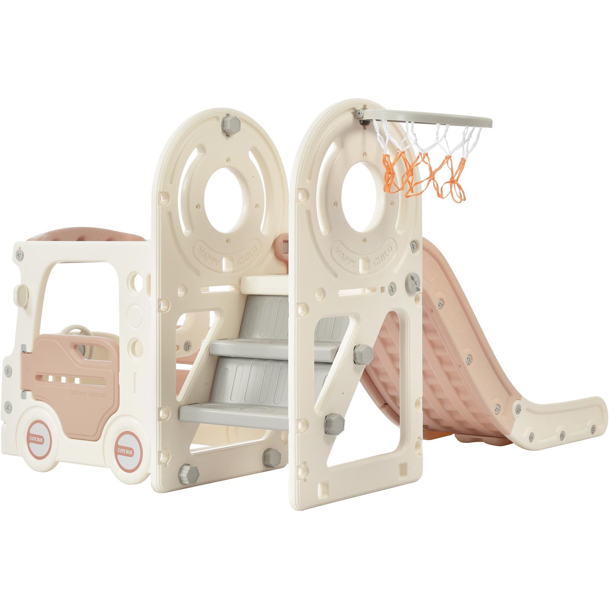 Kids Slide With Bus Play Structure, Freestanding Bus Toy With Slide For Toddlers, Bus Slide Set With Basketball Hoop Beige Hdpe