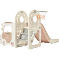 Kids Slide With Bus Play Structure, Freestanding Bus Toy With Slide For Toddlers, Bus Slide Set With Basketball Hoop Beige Hdpe