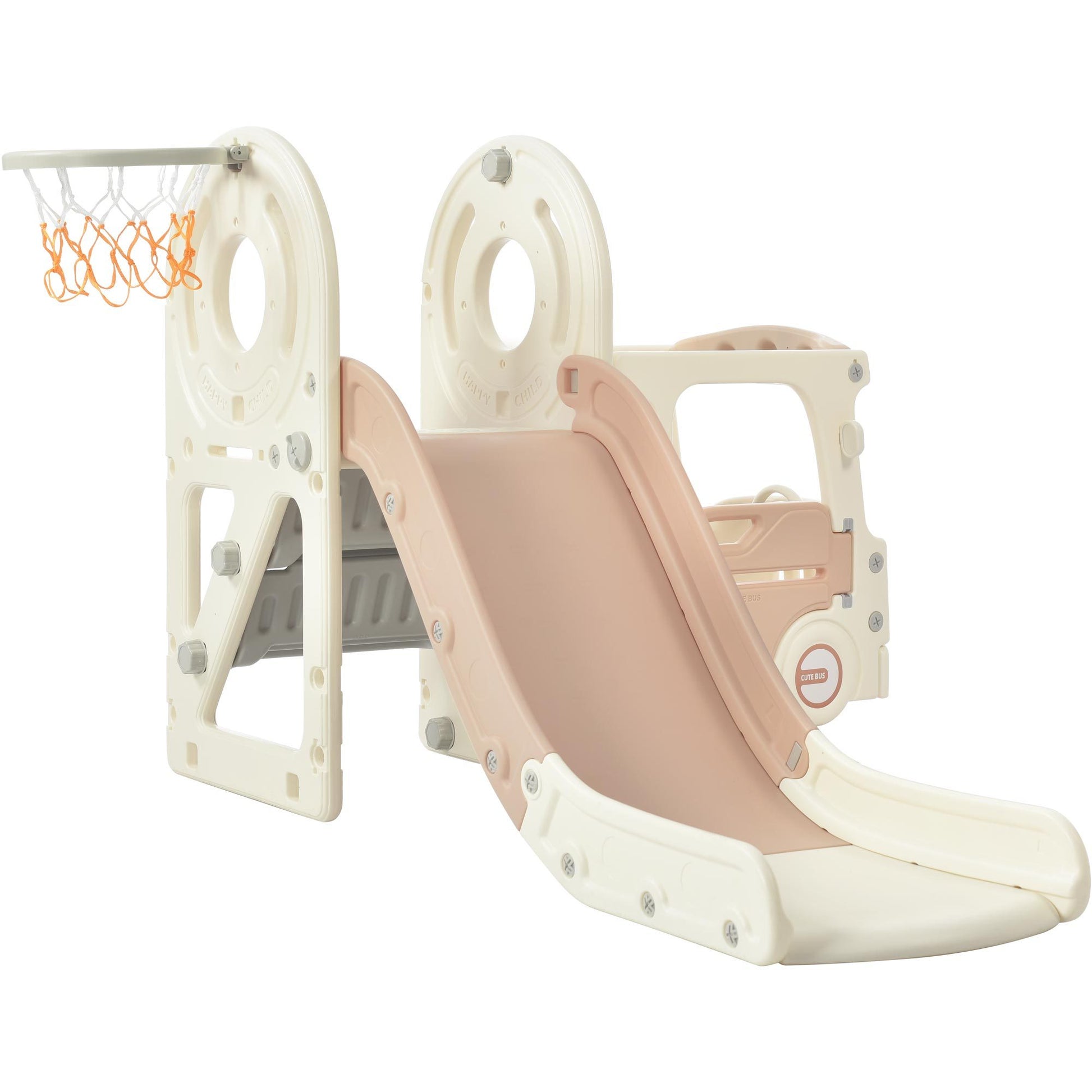Kids Slide With Bus Play Structure, Freestanding Bus Toy With Slide For Toddlers, Bus Slide Set With Basketball Hoop Beige Hdpe