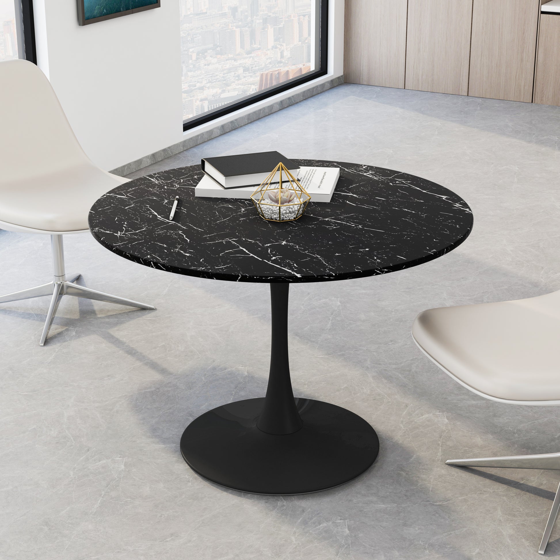 42.12"Modern Round Dining Table With Printed Black Marble Table Top,Metal Base Dining Table, End Table Leisure Coffee Table Marble Mdf