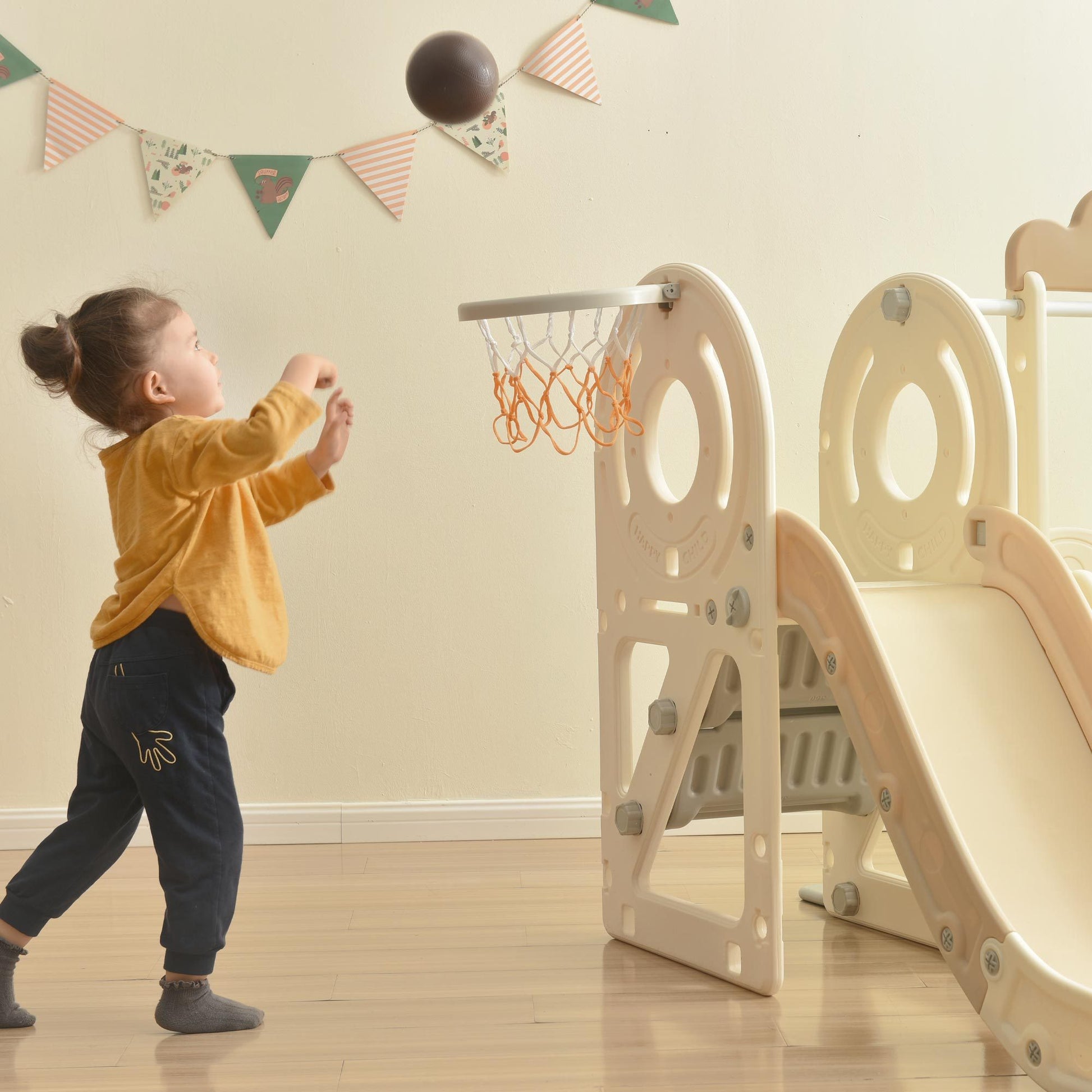Kids Slide With Bus Play Structure, Freestanding Bus Toy With Slide For Toddlers, Bus Slide Set With Basketball Hoop Beige Hdpe