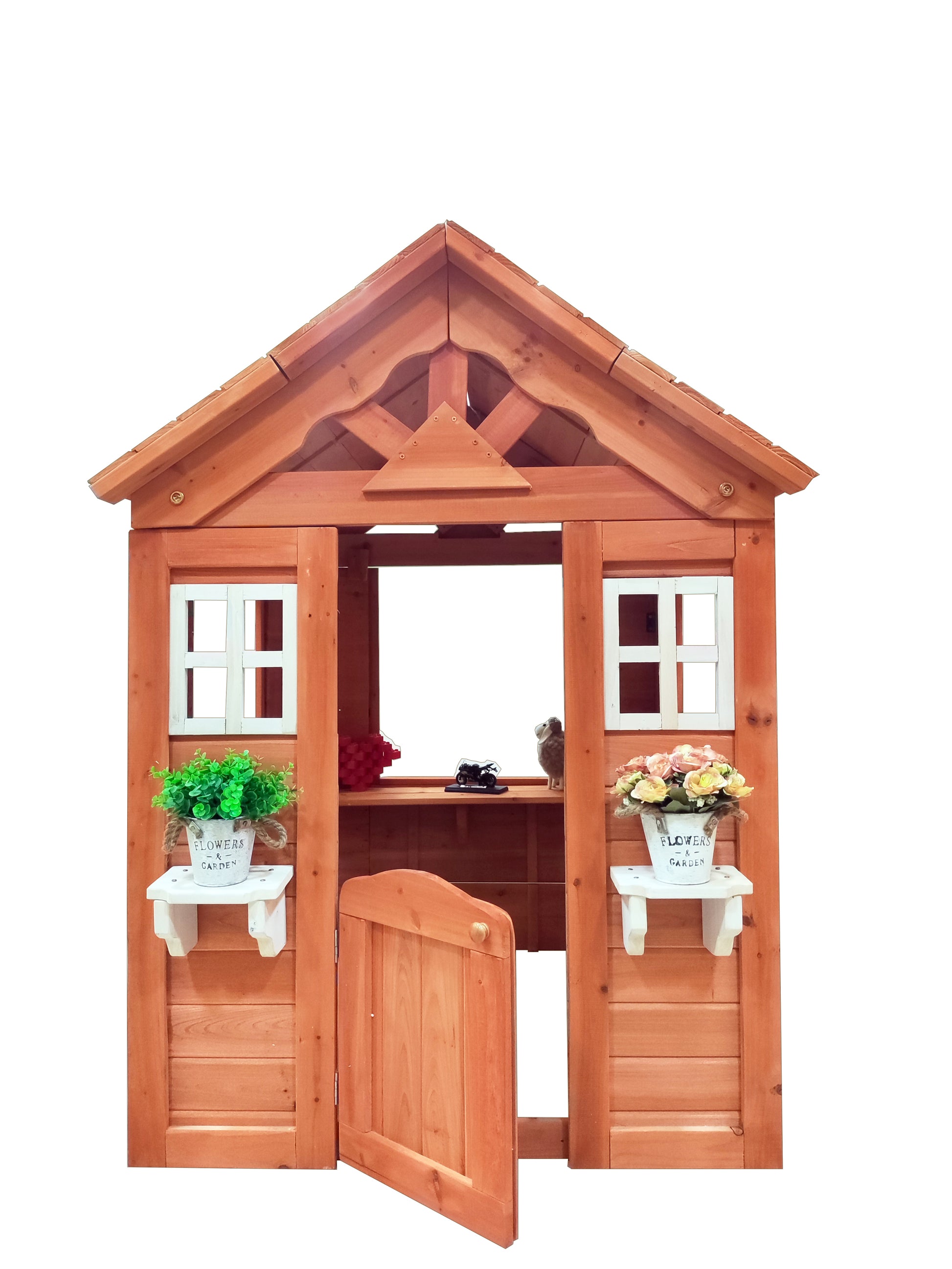 All Wooden Kids Playhouse With 2 Windows And Flowerpot Holder,42"Lx46"Wx55"H,Golden Red Golden Solid Wood