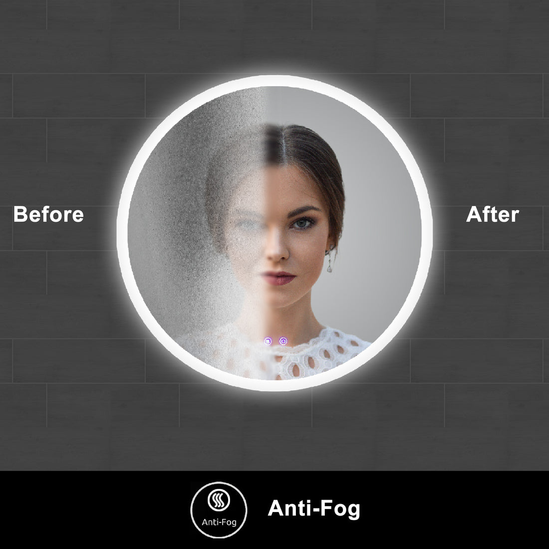 32 X 32 Inch Round Frameless Led Illuminated Bathroom Mirror, Touch Button Defogger, Metal, Silver Silver Aluminum