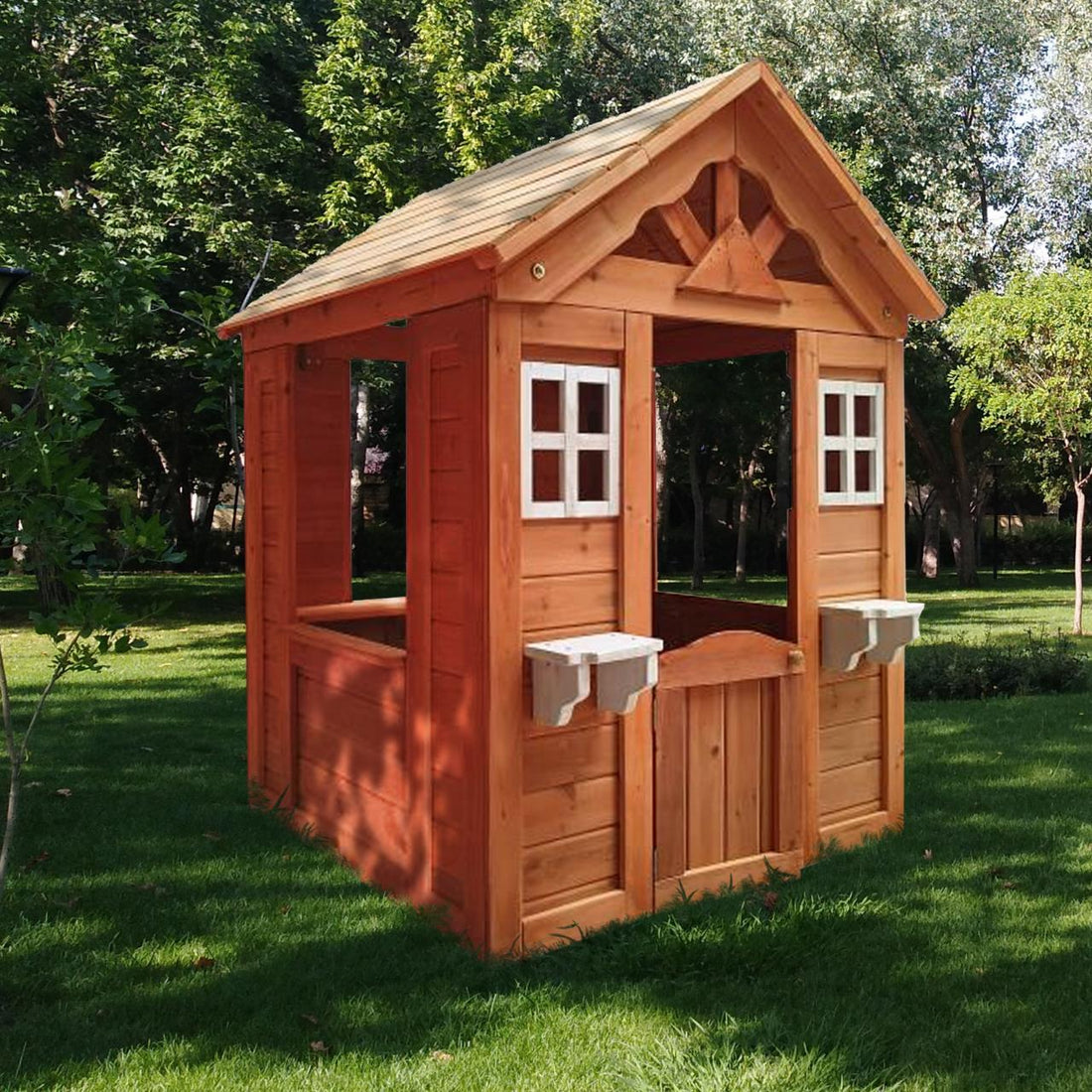 All Wooden Kids Playhouse With 2 Windows And Flowerpot Holder,42"Lx46"Wx55"H,Golden Red Golden Solid Wood