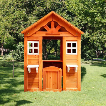 All Wooden Kids Playhouse With 2 Windows And Flowerpot Holder,42"Lx46"Wx55"H,Golden Red Golden Solid Wood