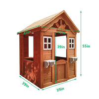 All Wooden Kids Playhouse With 2 Windows And Flowerpot Holder,42"Lx46"Wx55"H,Golden Red Golden Solid Wood