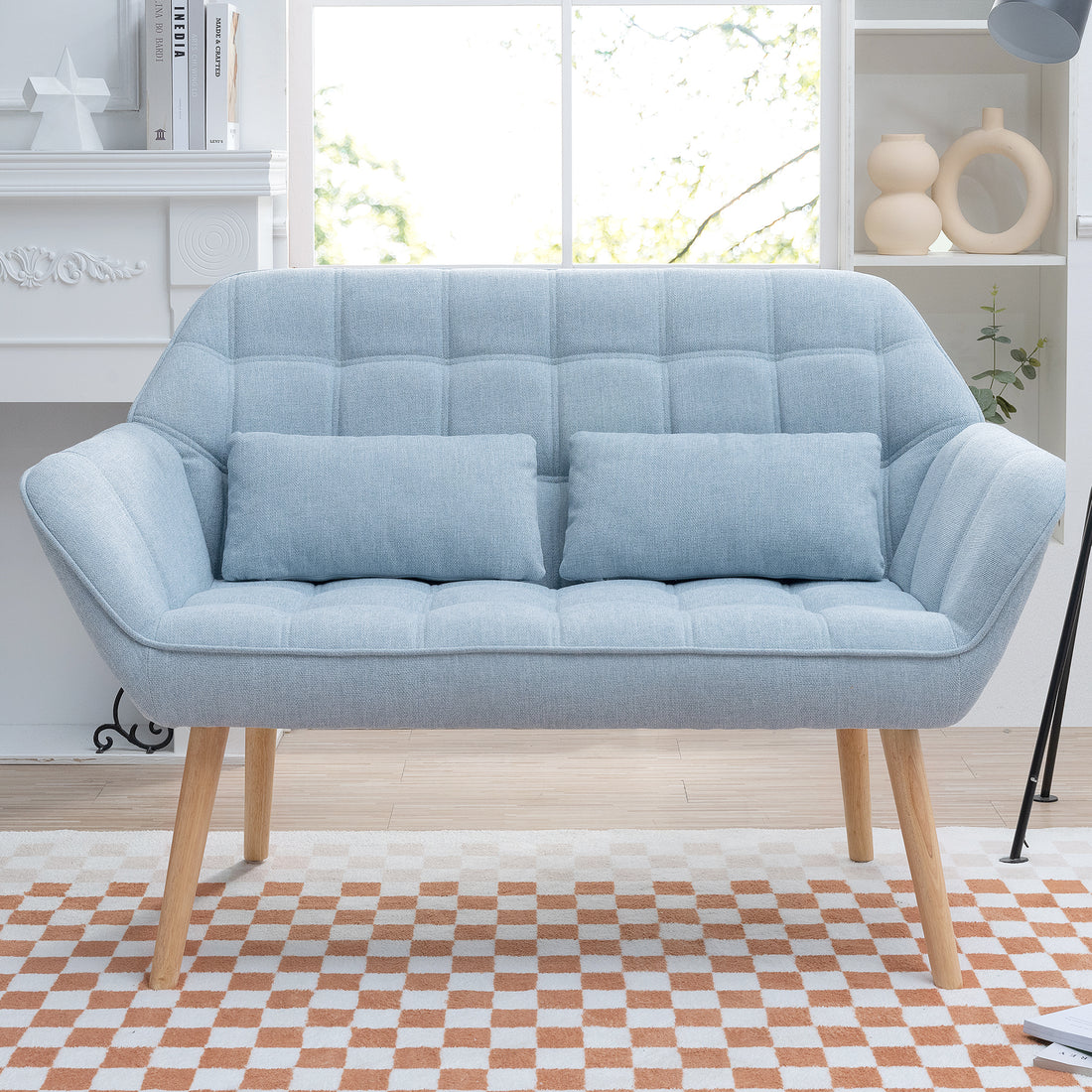 50 "W Beautiful Seat, Comfy Loveseat Sofa With 2 Pillows, Small Couch 2 Seater Sofa For Living Room, Bedroom, Apartment, Blue Blue Polyester Fabric